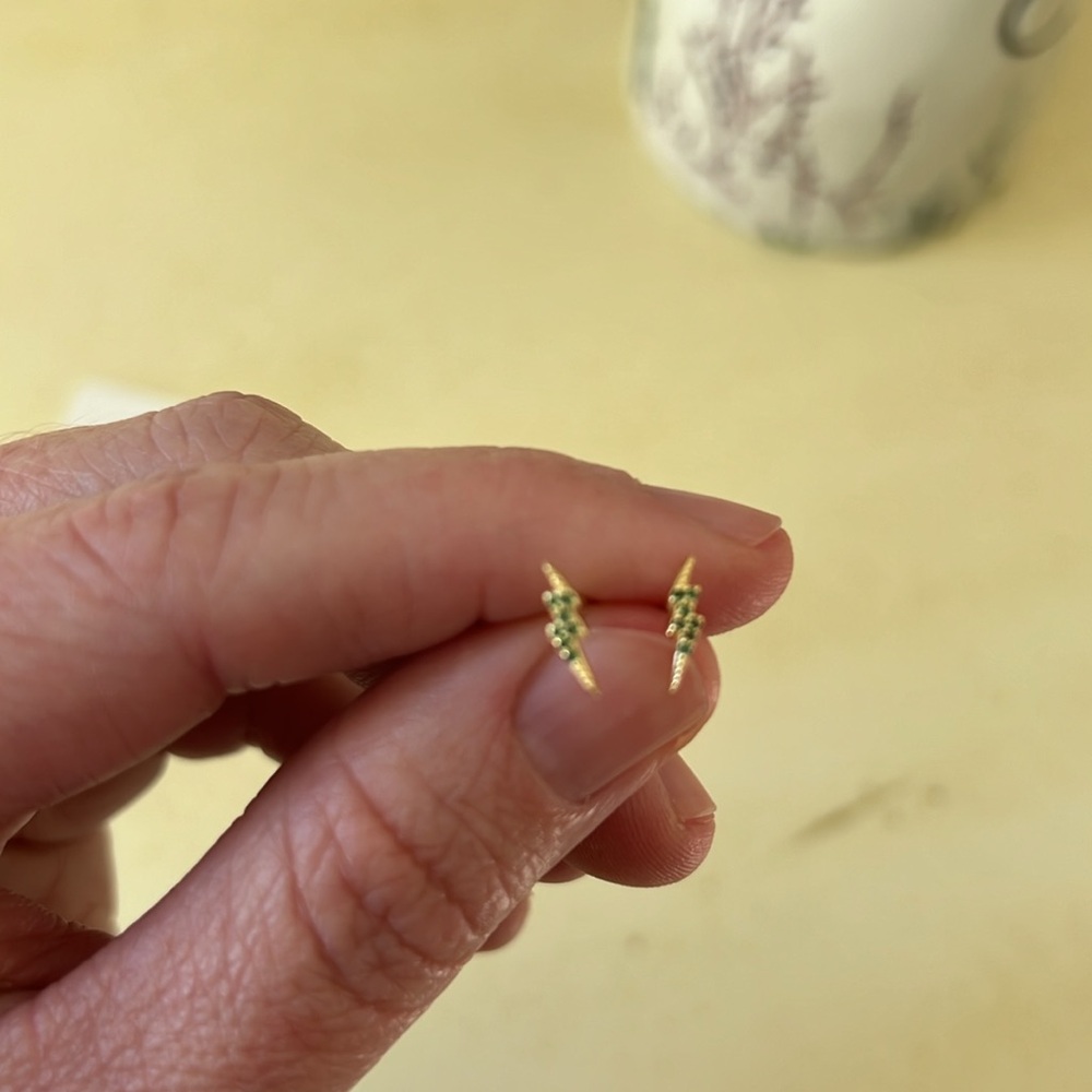 14k Gold Plated Green CZ Mini Lightning Bolt Stud